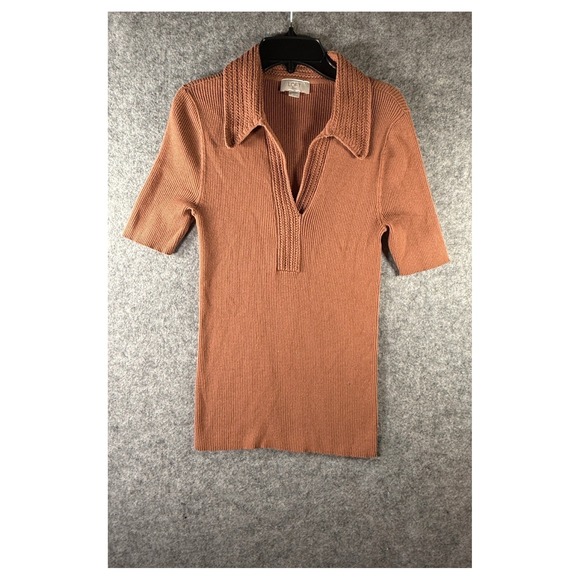 LOFT Sweaters - Loft Outlet Womens Medium Ribbed Polo Sweater Short Sleeve V-Neck R Terracotta